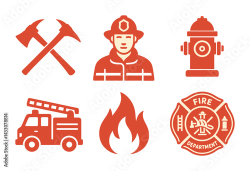 Firefighting equipment icons set – solid style fire rescue, emergency services, and safety symbols: firefighter, fire axe, hydrant, fire truck, flame, badge.