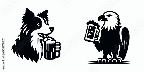 Australian Shepherd Dog drinking beer. Funny Animal Vector Clip art. Blue heeler pup imbibe ale canine pal joy refreshment domestic pet.