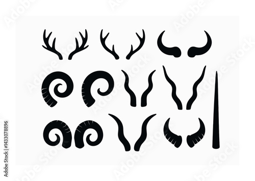 Fantasy creature silhouette icons – outline style mythical, enchanted, and magical symbols for creative design: antlers, horns, spirals, unicorn, dragon, beast