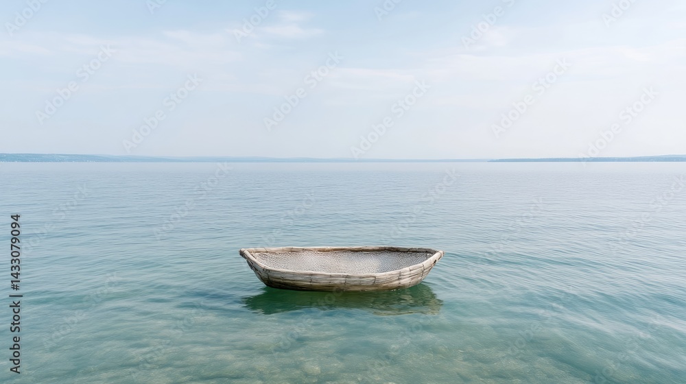 Naklejka premium Wooden Rowboat Calm Water Minimalist Style High-resolution Clear Lighting Centered Horizontal View Solitude Concept Serene Lake Pale Blue Tones Perfect for Travel Blogs
