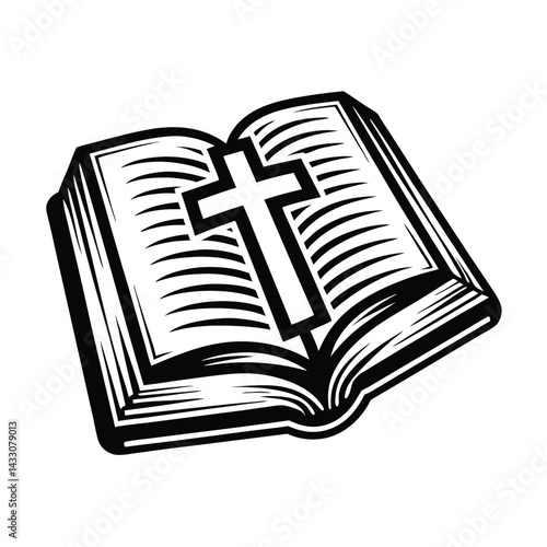 Open Book Silhouette with Cross. Black and White Icon Symbol, Religion Motif