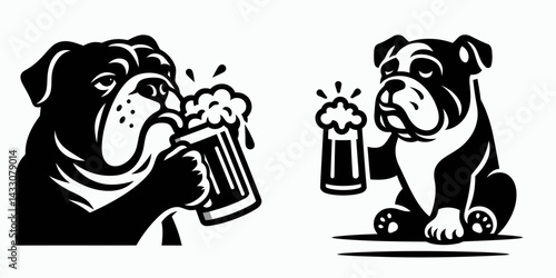 Bulldog Dog drinking beer. Funny Animal Vector Clip art. Canine savoring ale beverage english enjoying refreshment pub theme.