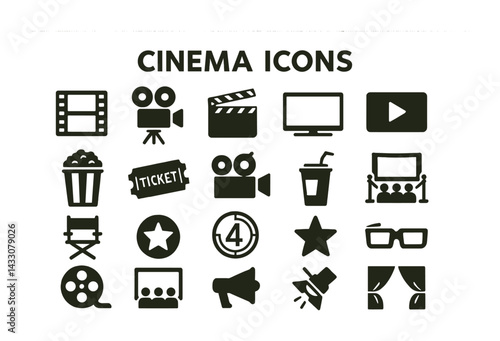 Cinema and entertainment icons set – silhouette style movie, film, and theater symbols for filmmaking projects: film reel, clapperboard, director chair, popcorn, ticket, megaphone, screen.