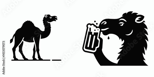 Camel drinking beer. Funny Animal Vector Clip art. Desert beast imbibe ale a comical wildlife refreshment concept.
