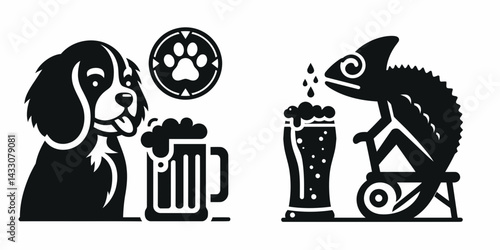 Cavalier King Charles Spaniel Dog drinking beer. Funny Animal Vector Clip art. Canine friend imbibing brew a pup partaking alcohol beverage.