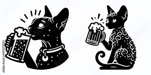 Devon Rex Cat drinking beer. Funny Animal Vector Clip art. Curly feline enjoying ale a comical with beverage.