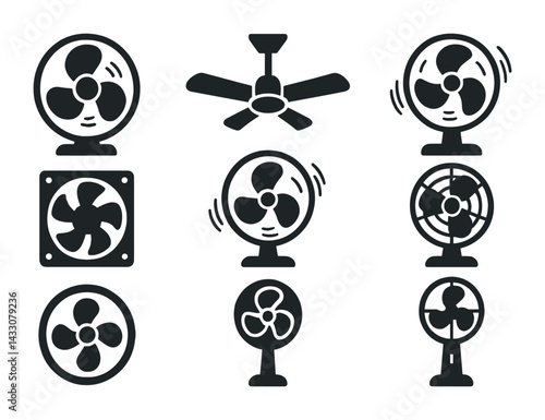 Home and office cooling silhouette icons set - solid style fans and ventilation symbols for climate control: ceiling fan, desk fan, exhaust fan, table fan, wall fan, vent