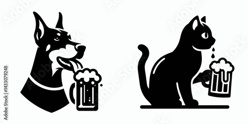 Doberman Pinscher Dog drinking beer. Funny Animal Vector Clip art. Canine enjoying ale a refreshing beverage moment for pet.