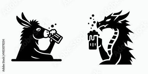 Donkey drinking beer. Funny Animal Vector Clip art. Equine imbibing brew a comical rural moment with ale in fauna world.