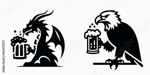 Dragon drinking beer. Funny Animal Vector Clip art. Mythical reptile enjoying alcoholic beverage fantasy creature quaffing brew.