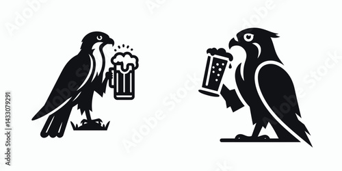 Falcon drinking beer. Funny Animal Vector Clip art. Hawk imbibe ale avian alcohol beverage bird relax refreshment.