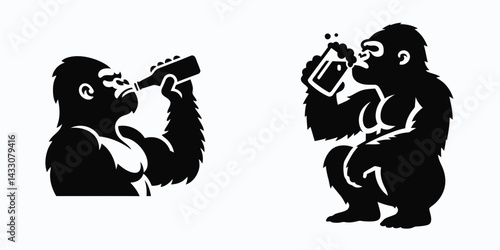 Gorilla drinking beer. Funny Animal Vector Clip art. Primate consuming ale a comical wildlife image for beverage concept.