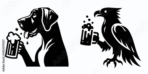 Great Dane Dog drinking beer. Funny Animal Vector Clip art. Large canine enjoys alcoholic beverage comical pet action with brew.