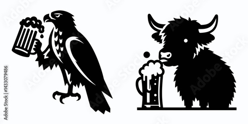 Hawk drinking beer. Funny Animal Vector Clip art. Raptor enjoying golden brew avian creature consuming beverage ale concept.