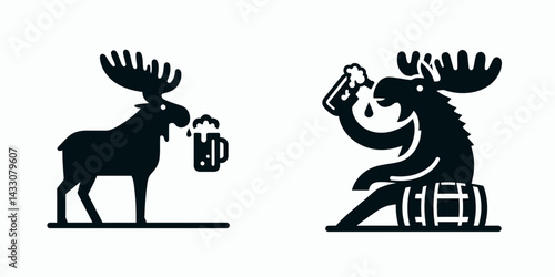 Moose drinking beer. Funny Animal Vector Clip art. Antlered mammal imbibing lager a comical wildlife brew celebration.