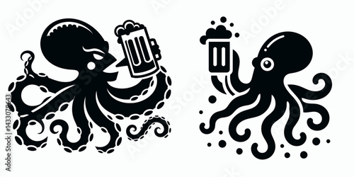 Octopus drinking beer. Funny Animal Vector Clip art. Sea creature consuming ale a cephalopod enjoying liquor beverage brew.