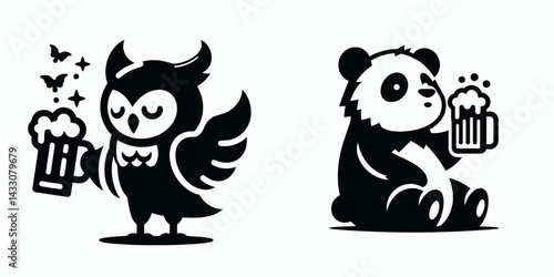 Owl drinking beer. Funny Animal Vector Clip art. Avian consuming brew a nocturnal raptor savoring frothy malt beverage.