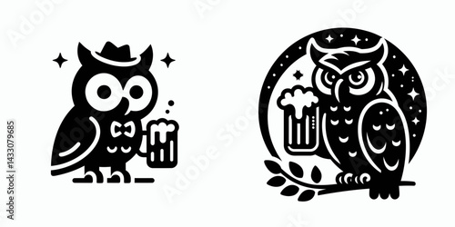 Owl drinking beer. Funny Animal Vector Clip art. Avian consuming brew a feathered friend enjoys alcoholic beverage moment.