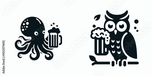 Octopus drinking beer. Funny Animal Vector Clip art. Cephalopod imbibe ale aquatic invertebrate enjoy brew marine creature quench thirst.