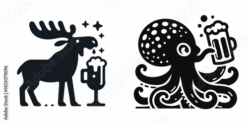 Moose drinking beer. Funny Animal Vector Clip art. Bull elk imbibing ale wildlife beverage enjoyment woodland creature brew.
