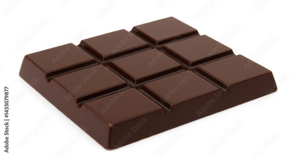 A square chocolate bar with nine sections on a white background in a studio shot close up view A square chocolate bar with nine sections on a white background in a studio shot close up view