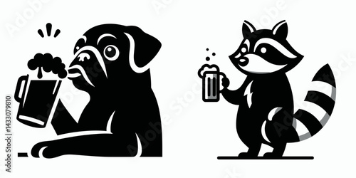 Pug Dog drinking beer. Funny Animal Vector Clip art. Canine indulging frothy brew comical pet enjoy beverage refreshment.