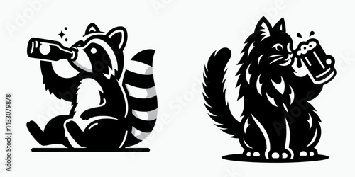 Raccoon drinking beer. Funny Animal Vector Clip art. Masked bandit enjoying ale wildlife consuming beverage in playful manner.