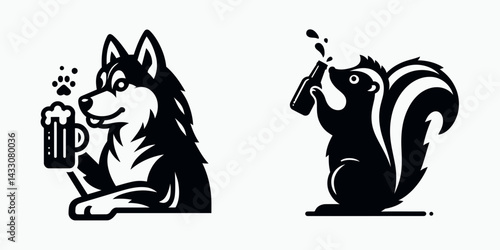 Siberian Husky Dog drinking beer. Funny Animal Vector Clip art. Arctic spitz breed pet imbibing brew beverage refreshment.
