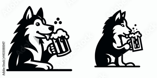 Siberian Husky Dog drinking beer. Funny Animal Vector Clip art. Arctic canine savoring malt beverage ale refreshment domestic.