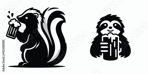 Skunk drinking beer. Funny Animal Vector Clip art. Mammal consuming ale a comical woodland critter imbibing brew concept.
