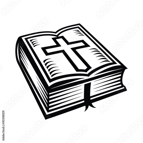 Open Book with Cross Design, Black and White, Religious Symbol, Holy