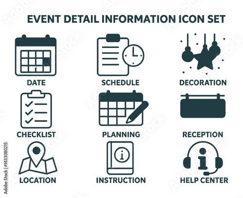 Event management icon set – solid style design for planning, scheduling, venue details: calendar, schedule, decoration, checklist, reception, location, instruction, help center.