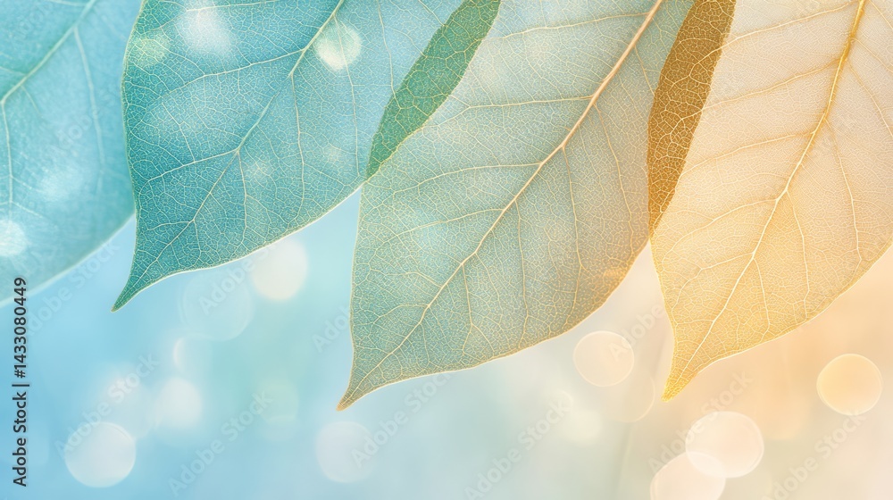 Detailed Blue Leaf with Glowing Golden Veins on Dark Background in Macro Botanical Photography