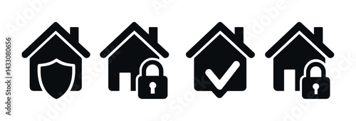 Home security icon set – solid style safety, protection, and security symbols: shield, lock, checkmark, privacy, house, protection, safety.