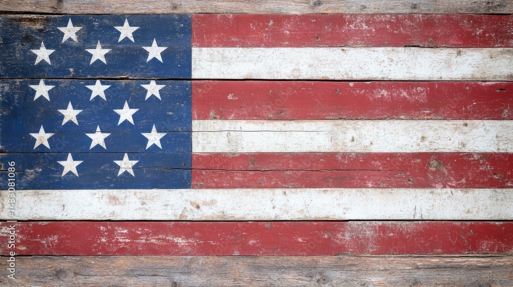 Vintage Distressed American Flag Painted on Rustic Wooden Planks in Patriotic Colors