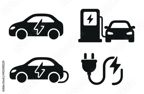 Electric vehicle icons set – solid style e-mobility, green transport, and charging symbols: electric car, charging station, plug, electric vehicle logos, eco-friendly travel