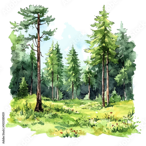 Untouched Forest Glade, watercolor vector, isolated on a white background.