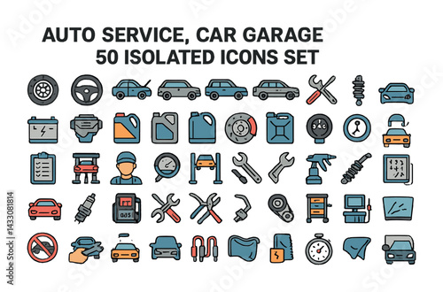 Auto service and car garage icons set – flat style automotive maintenance, repair, and mechanic symbols for vehicle care: wrench, car, tire, battery, oil can, tools, steering wheel.