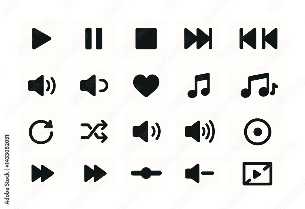 Music player interface icons - solid style audio and media control symbols: play, pause, stop, forward, rewind, volume, shuffle, loop, heart