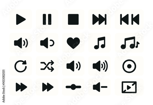 Obraz na płótnie Music player interface icons - solid style audio and media control symbols: play, pause, stop, forward, rewind, volume, shuffle, loop, heart w salonie