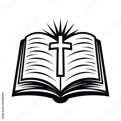 Open Book with Cross and Rays of Light, Black and White Illustration, Simple,Symbolic