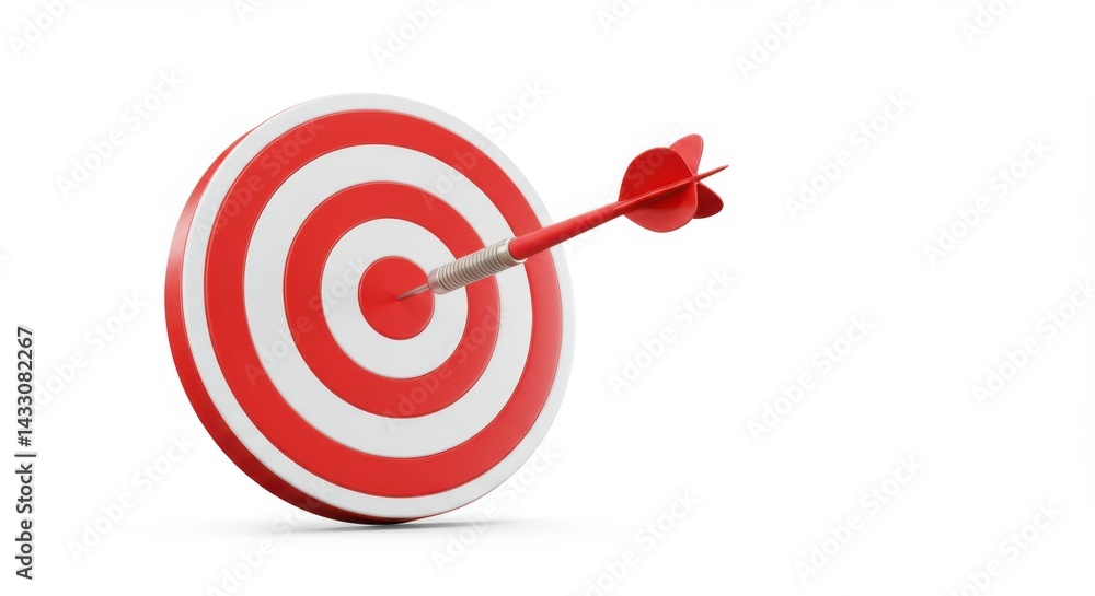 A red dart hitting the bullseye of a target with red and white concentric circles on a white background A red dart hitting the bullseye of a target with red and white concentric circles on a white background