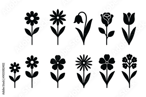 Floral silhouette icons set – solid style botanical, nature, and garden symbols: daisy, tulip, rose, bellflower, sunflower, clover, forget-me-not, blossom.