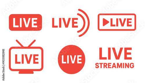 Live streaming icons – solid style media, broadcast, and online symbols for digital platforms: live button, wireless broadcast, play icon, tv, circle live, live streaming text