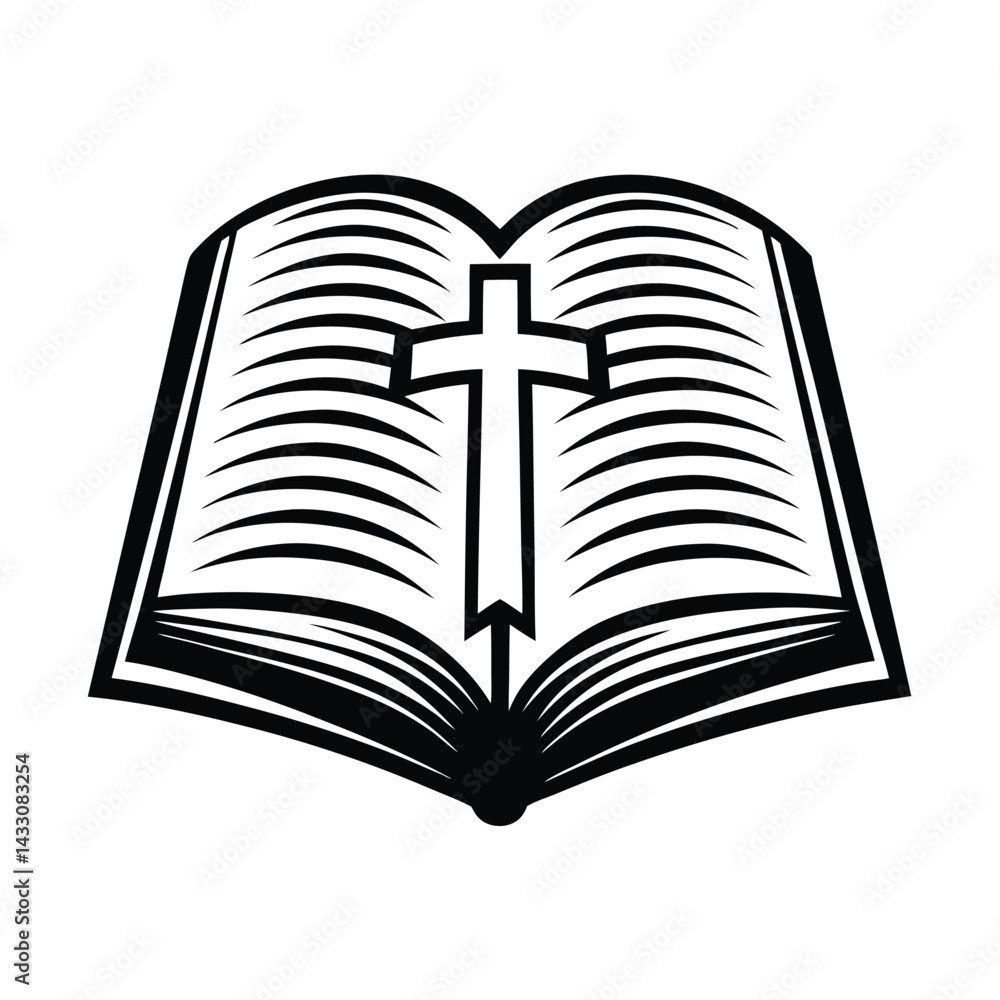 Open Book with Cross Symbol, Black and White Religious Art, Pages Turning Open Book with Cross Symbol, Black and White Religious Art, Pages Turning