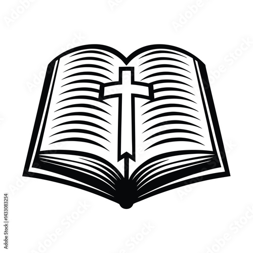 Open Book with Cross Symbol, Black and White Religious Art, Pages Turning