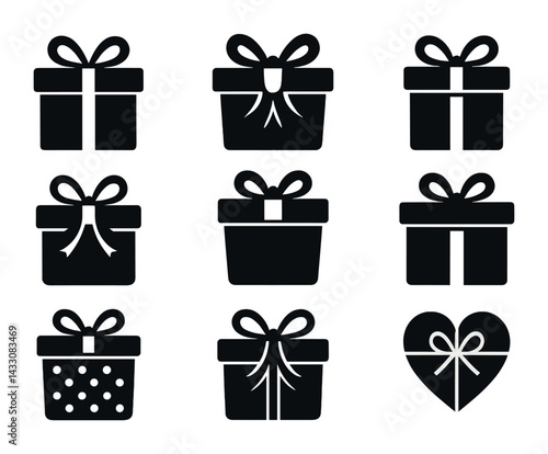 Gift box and present silhouette icons collection – solid style for holiday, celebration, and gifting: birthday, wedding, anniversary, christmas, heart-shaped, wrapped