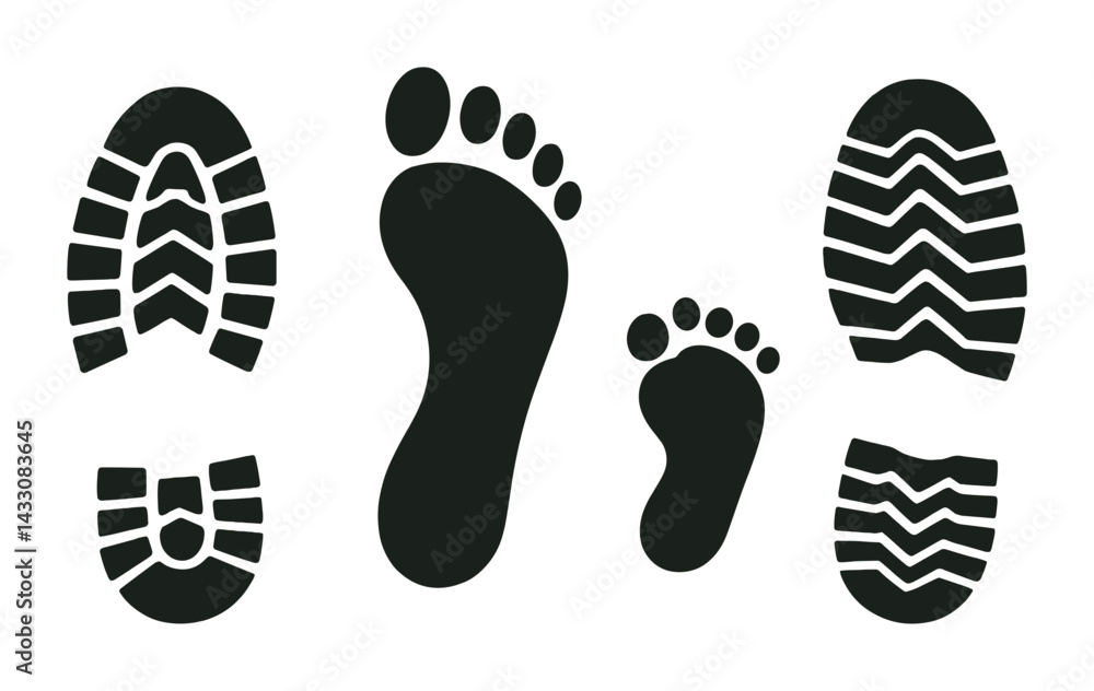 Footprint measuring icons set - solid style tracks, human footprint, and shoeprint symbols for environmental impact: walking, running, hiking, exploration, nature Footprint measuring icons set - solid style tracks, human footprint, and shoeprint symbols for environmental impact: walking, running, hiking, exploration, nature
