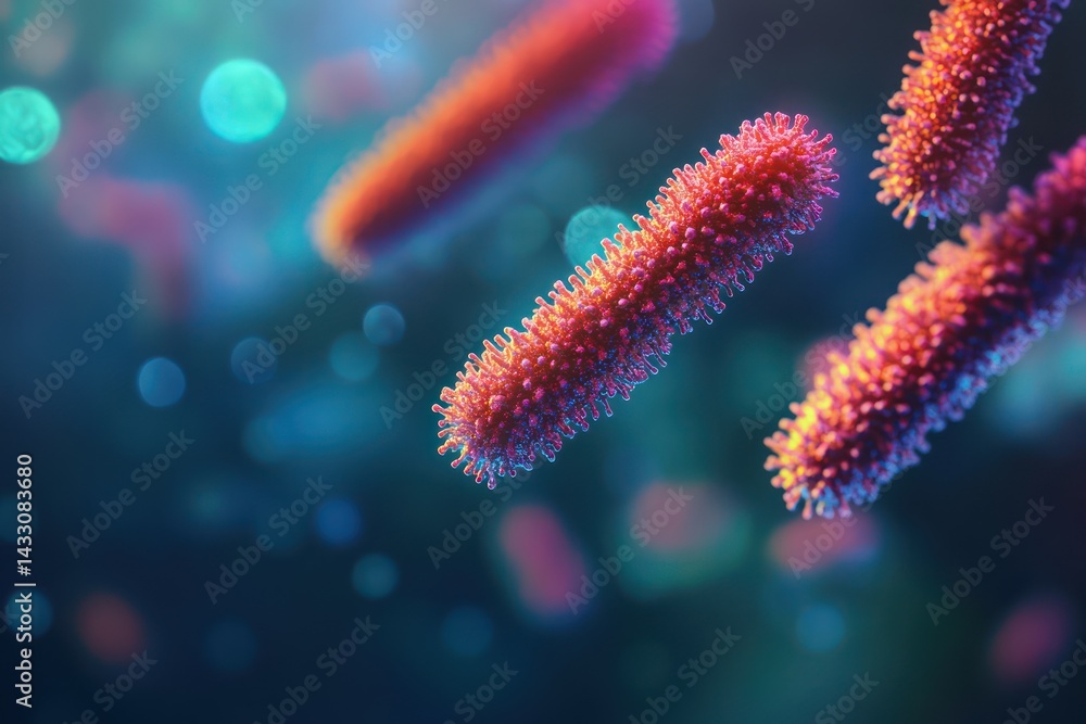 Microscopic view of rod-shaped red bacteria on blurred background Microscopic view of rod-shaped red bacteria on blurred background