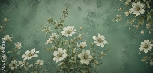 Muted green floral grunge background, faded blooms and textured overlay, picture, aesthetic, botanical
